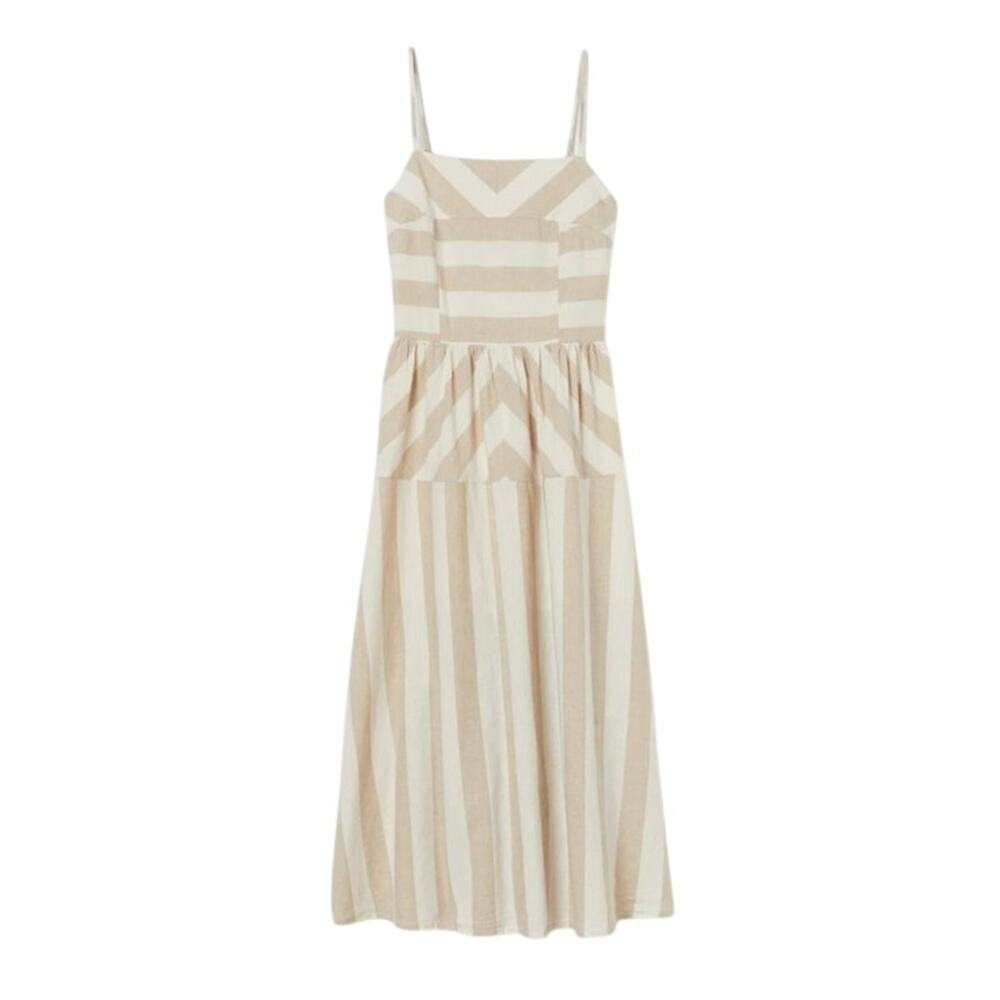 Linen Blend Neutral Beige Stripe Sleeveless Dress XL Midi Smocking Casual H&M